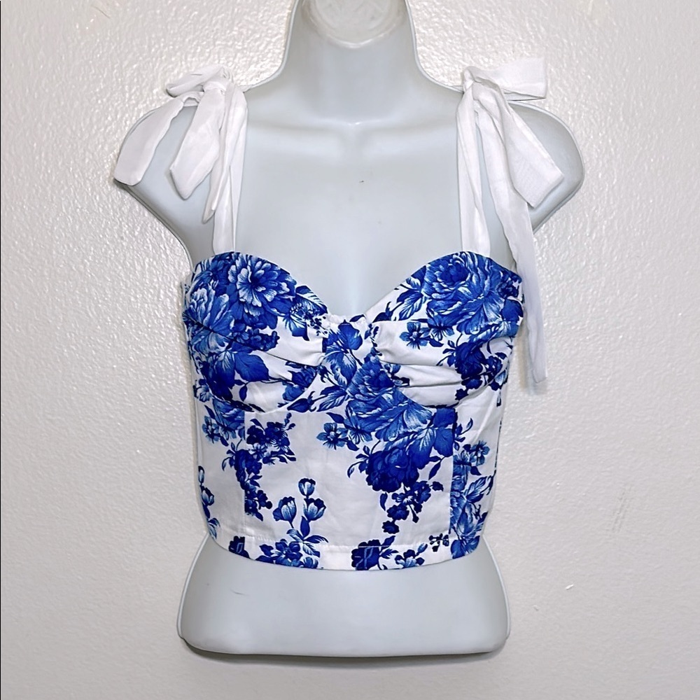 Blue and White Floral Bustier Crop Top